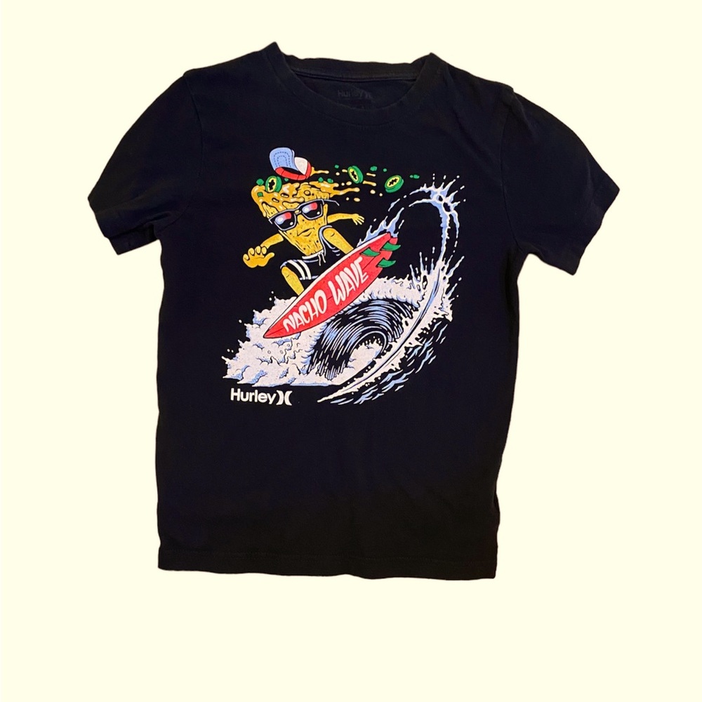 Hurley Tee shirt surfing pizza black boys 8/10